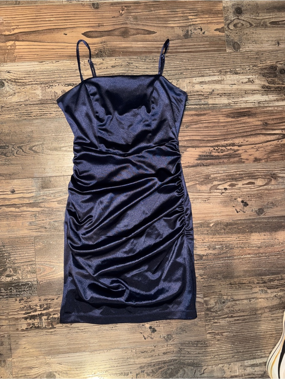 Emerald Sundae Navy Satin Ruched Slip Mini Dress